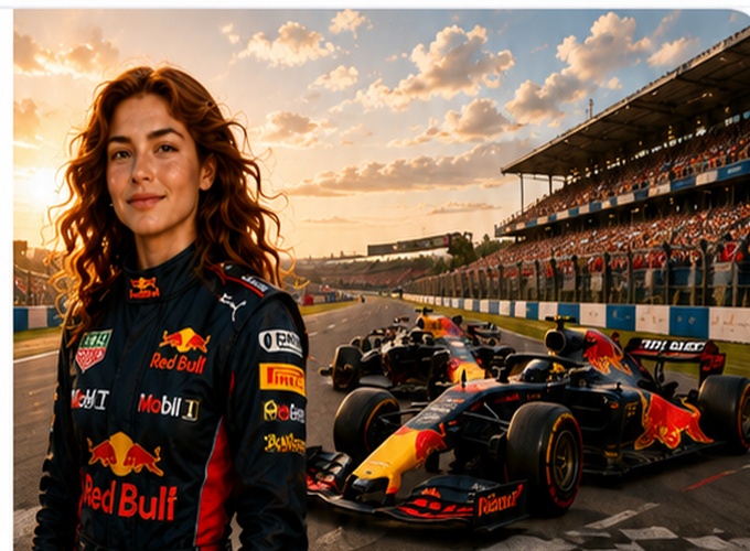 The same woman reimagined as a motorsport champion